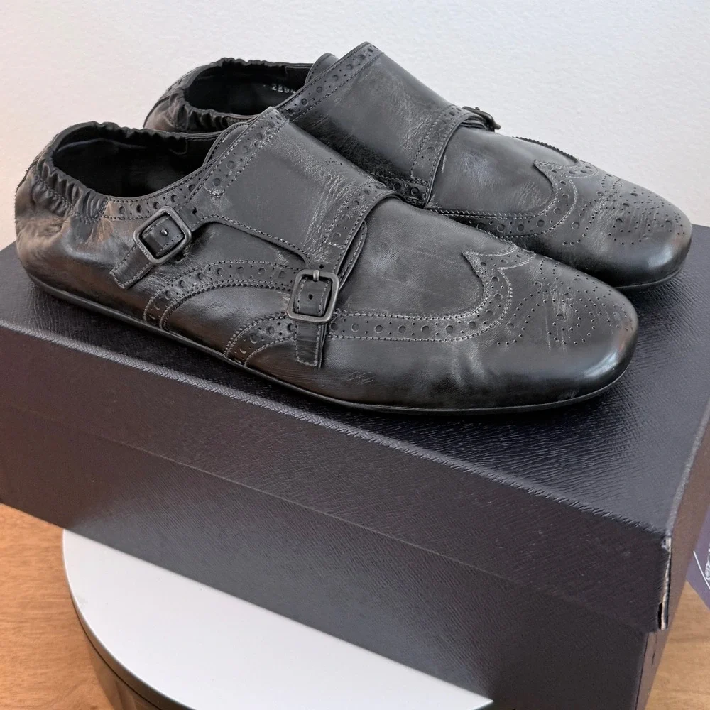 Prada 2EG469 Mens Leather Double Monk Strap Wingtip Shoes Grey Black UK 8